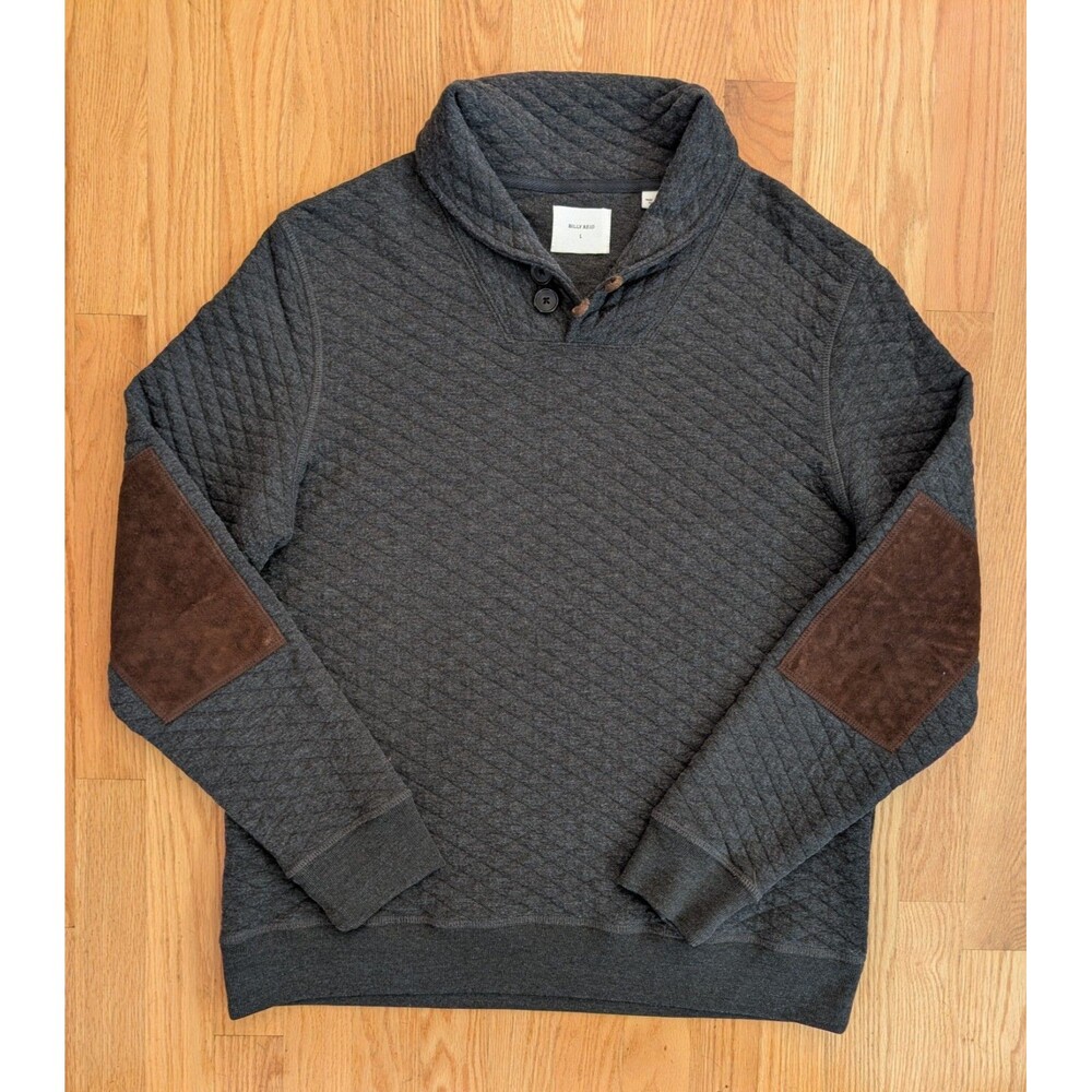 Billy Reid Sweater Large Quilted Shawl Collar Arm Patch Preppy Pullover